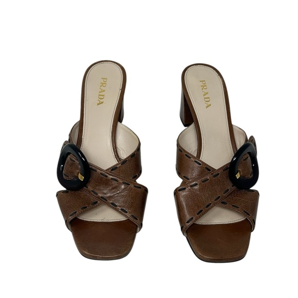 Prada Brown Leather Slide Sandals with Chunky Heel - Picture 4 of 12